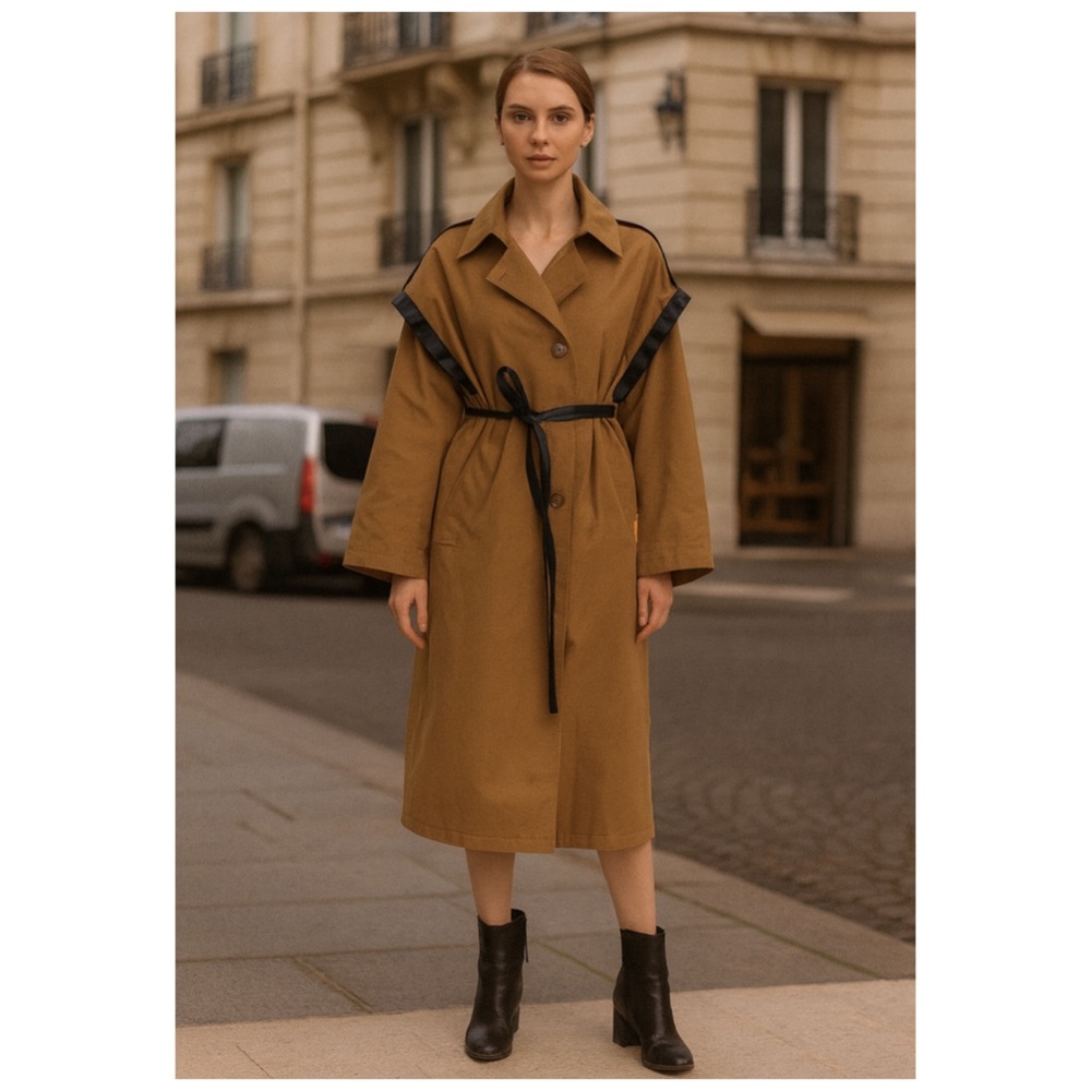 NWT OOF 9025 Tie Waist Trench Coat Cotton Hand Peach Tobacco IT 44